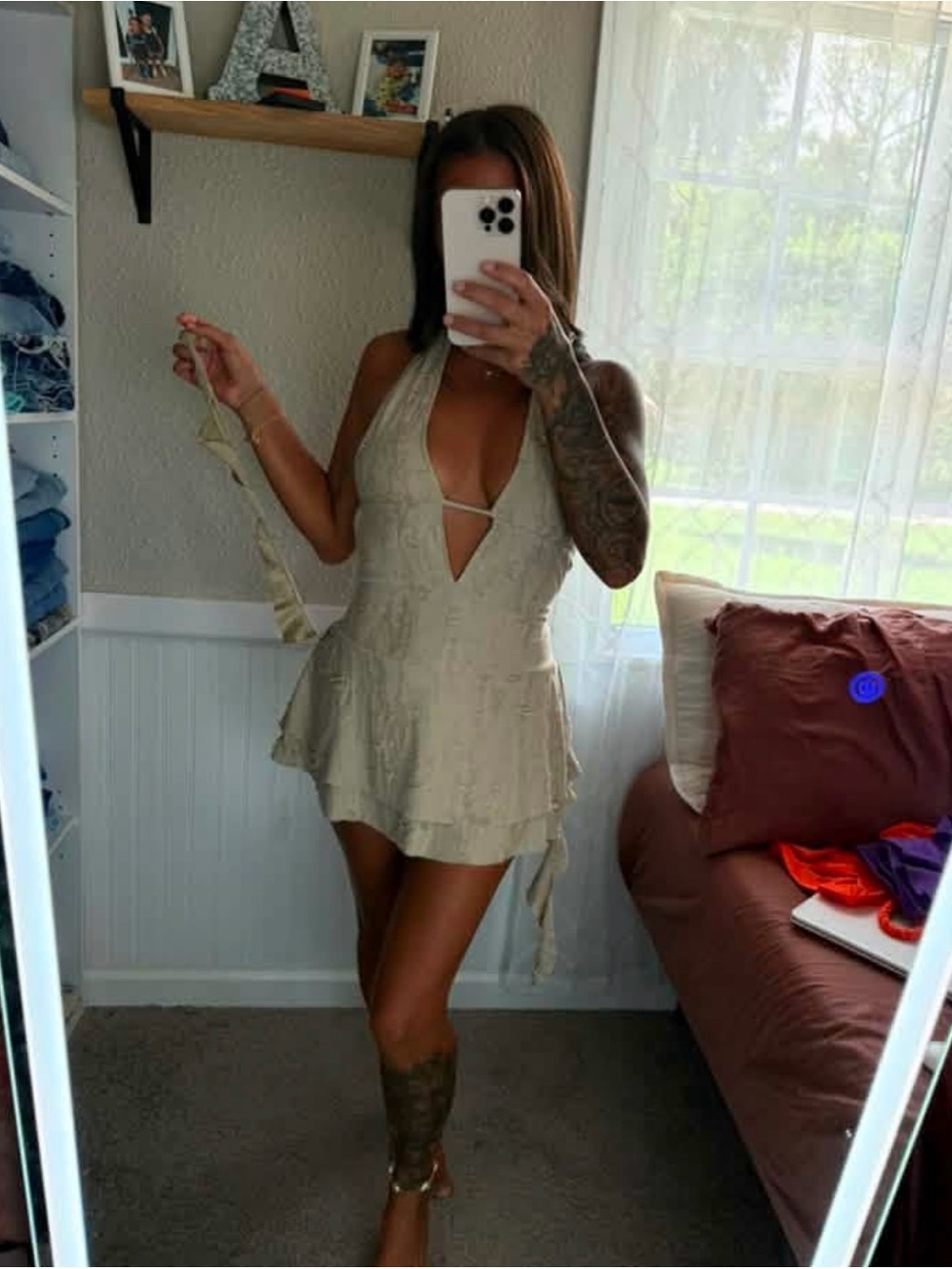 Beige Halter Mini Dress with Deep V